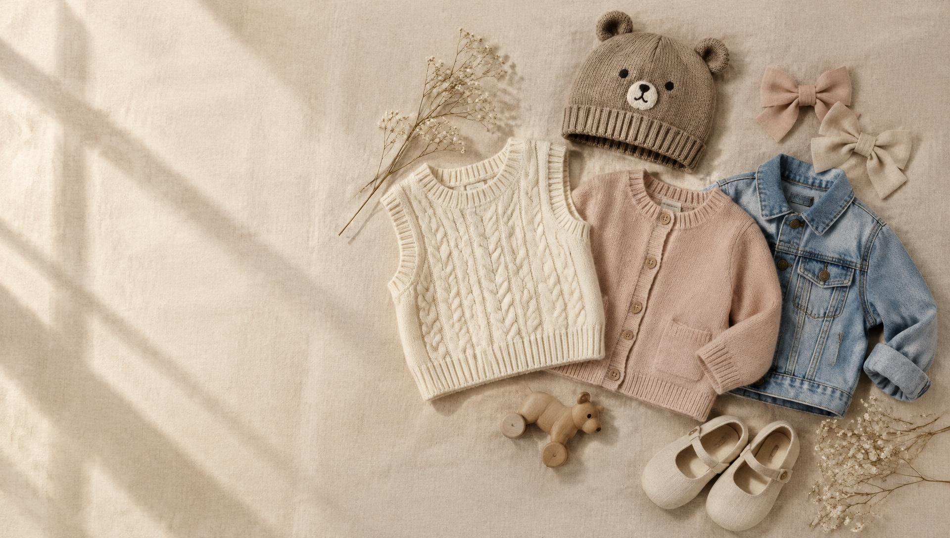 Knitted vest, cardigan and denim jacket laid on linen