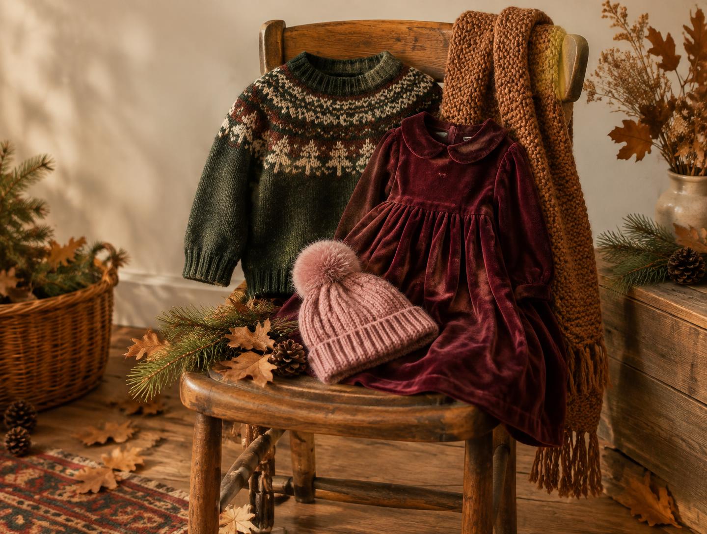 Fair isle jumper, velvet dress and pom-pom hat on a wooden chair